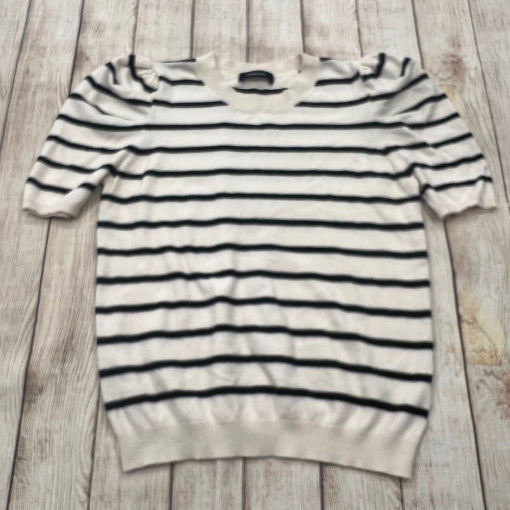 Dokotoo Womens Striped Puff Sleeve Knit Top Black White Short Sleeve Sweater L